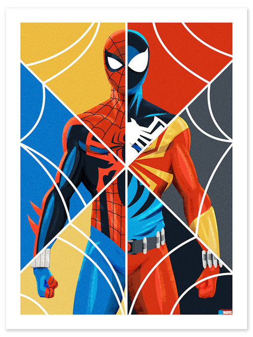 A stylized Marvel Spider-Man art print featuring a split-color design with red, blue, yellow, and gray geometric sections, shown against a white background.