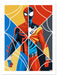 A stylized Marvel Spider-Man art print featuring a split-color design with red, blue, yellow, and gray geometric sections, shown against a white background.