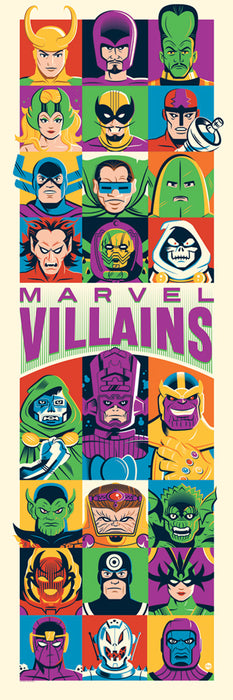 A colorful Marvel Villains poster featuring a grid of 24 illustrated comic book villains in bright, bold colors with the title 'MARVEL VILLAINS' across the center.