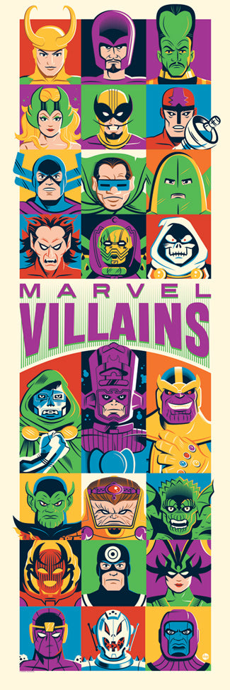 A colorful Marvel Villains poster featuring a grid of 24 illustrated comic book villains in bright, bold colors with the title 'MARVEL VILLAINS' across the center.