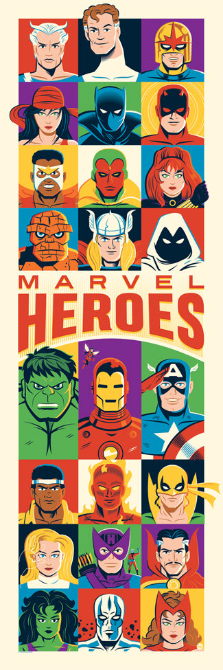 A colorful comic-style poster featuring multiple Marvel superheroes arranged in a grid with the large text 'MARVEL HEROES' across the center.