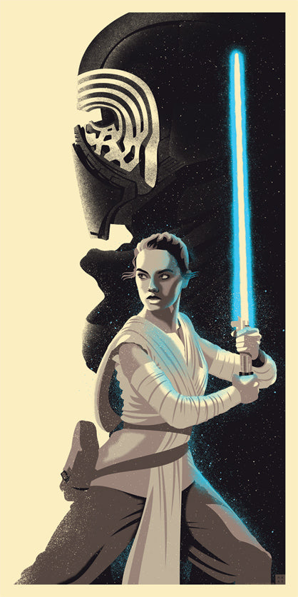 A stylized poster-like illustration of Rey holding a glowing blue lightsaber, with Kylo Ren's helmet looming behind her against a dark starry background and a pale cream border.