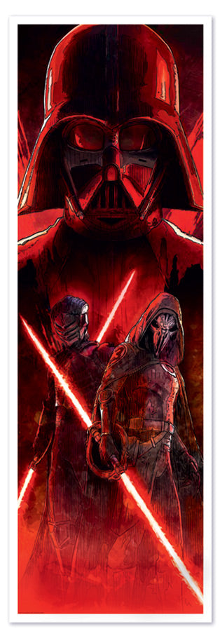 A vertical art print featuring Darth Vader and two Kylo Ren figures with red lightsabers, rendered in a dramatic red, black, and dark gray palette.